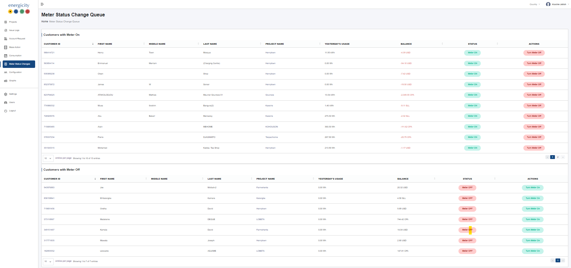 Meter Status Change Page