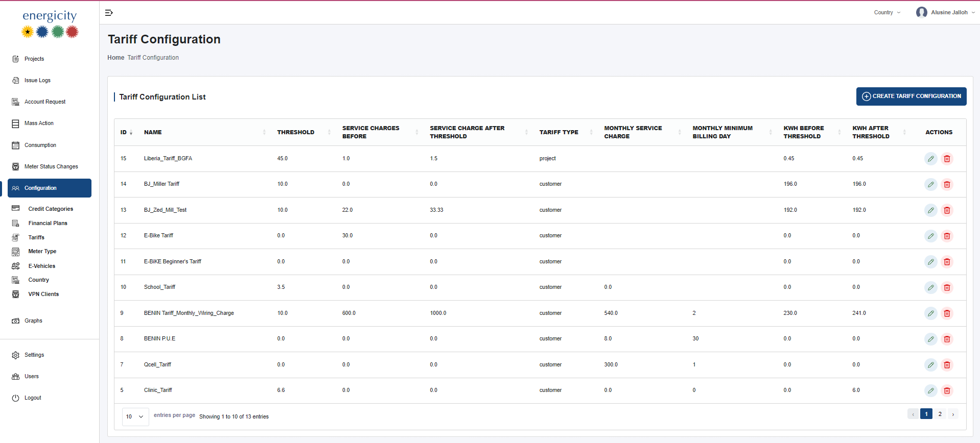 Tariff Configuration Interface